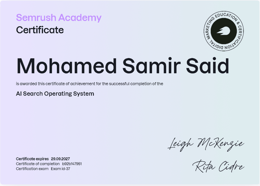 Mohamed Samir Said AI Search Operating System Certificate from Semrush Academy